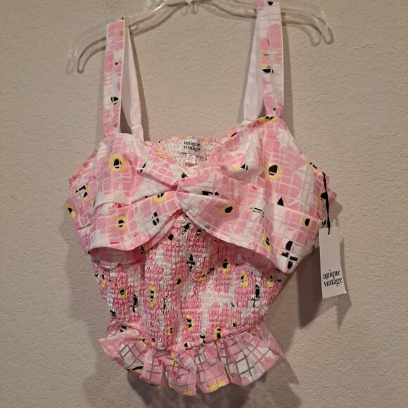 Unique Vintage Plus Size Smocked Cropped Strappy Tube Top Pink White 2X/18 NWT - Picture 9 of 9